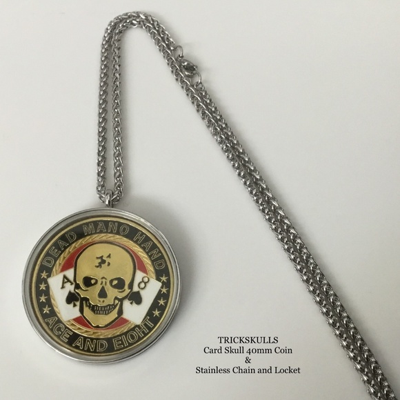 Card Guard Skeleton Skull Enamel Coin Stainless Locket 45-60cm Wheat Link Chain - Picture 3 of 8